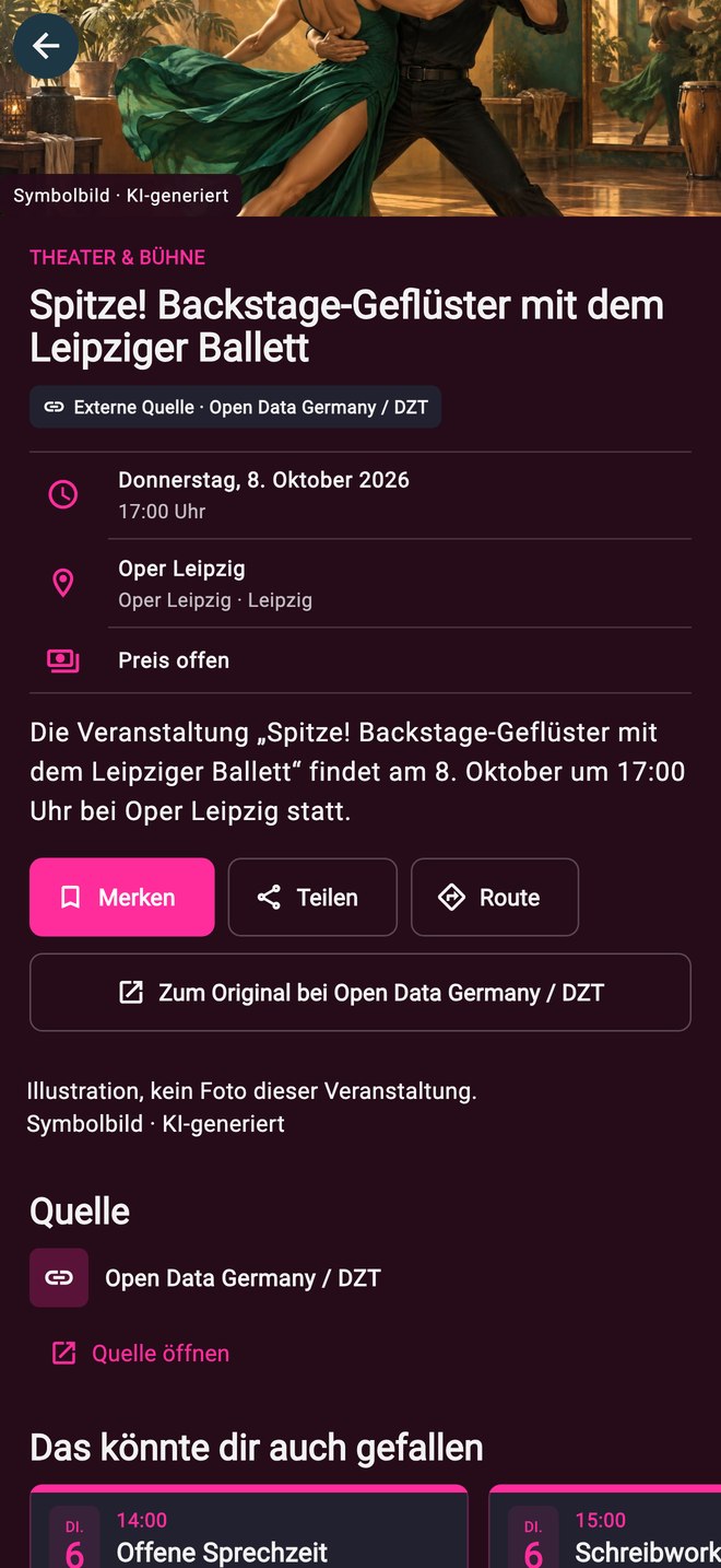 Eventdetails in eVants mit Termin, Veranstaltungsort und Quelle