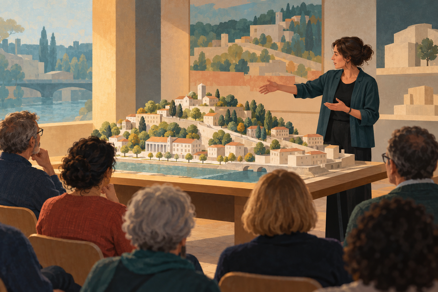 Symbolic urban-history talk with an invented architectural model in a fictional museum room