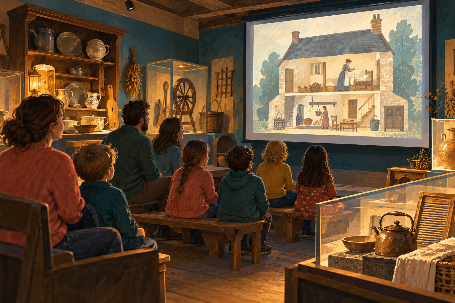 Children and adults viewing a projected house in a fictional museum room