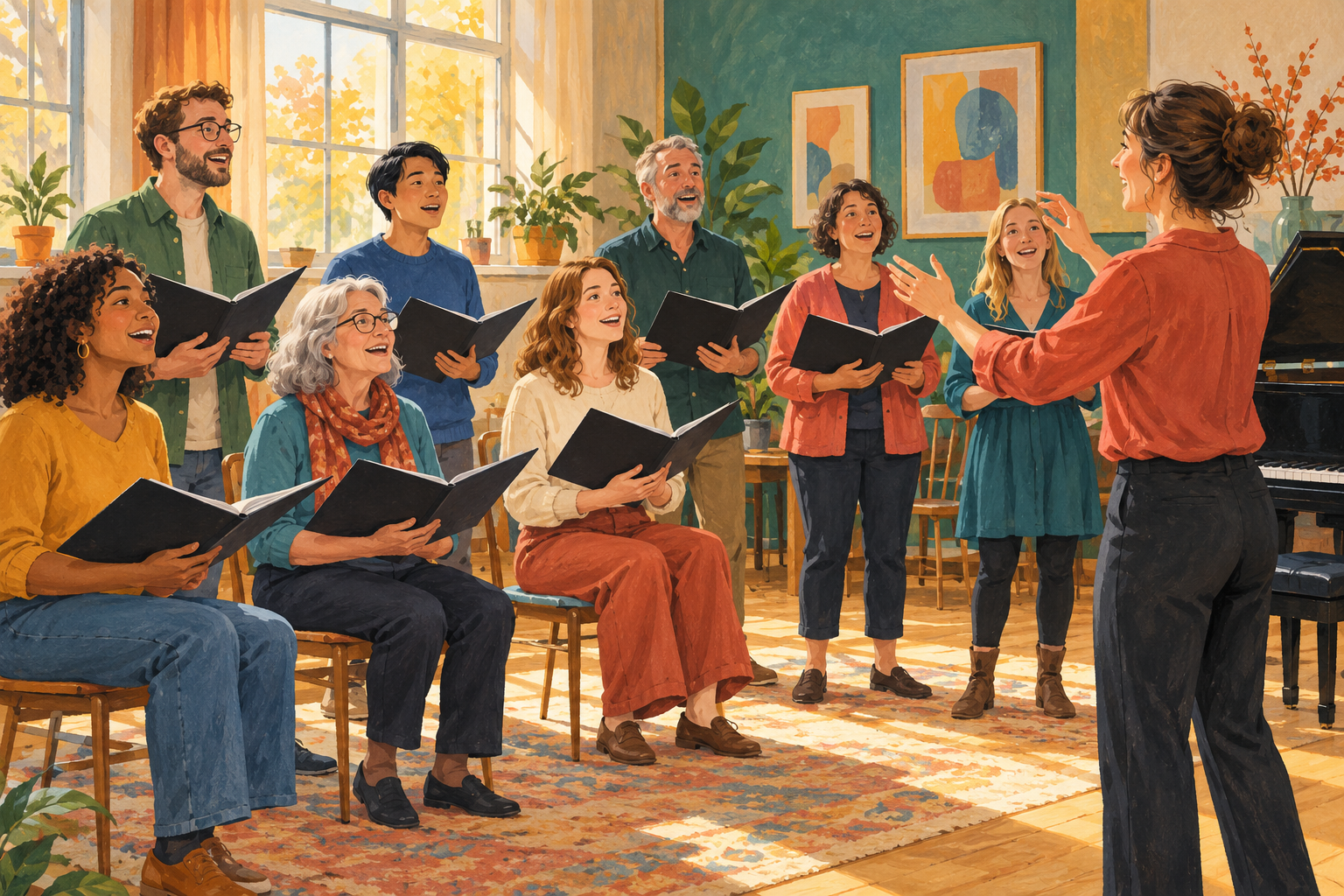 Erwachsene singen mit einer Chorleitung in einem fiktiven hellen Probenraum