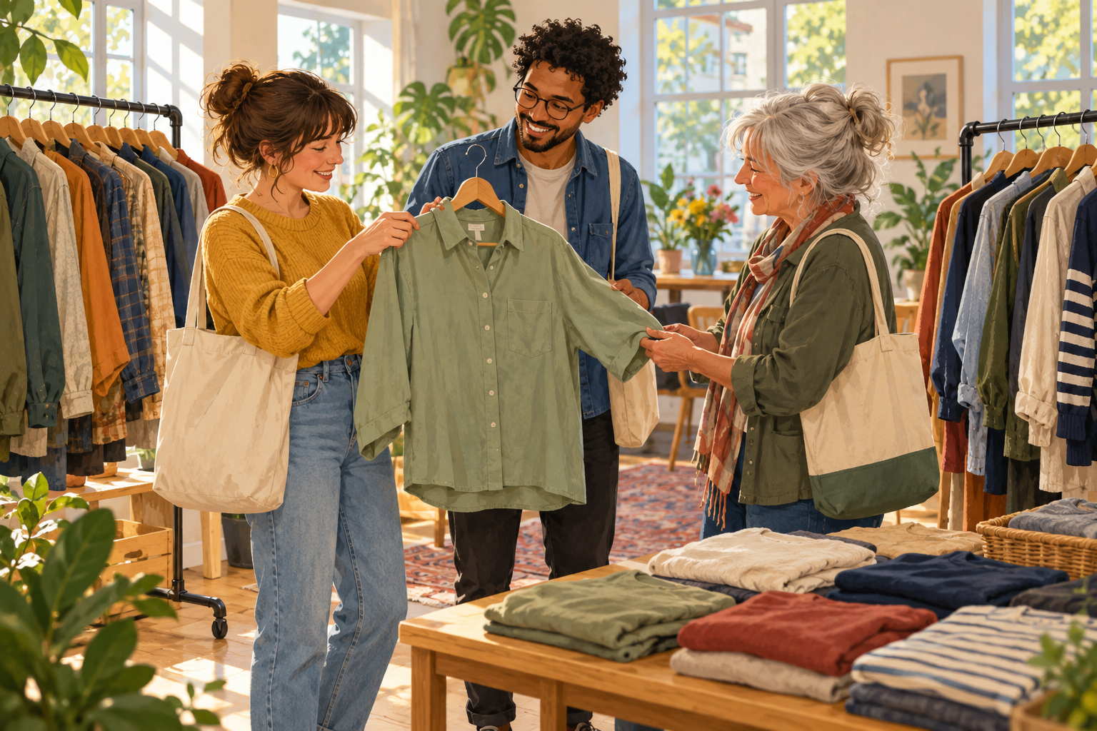 Three adults looking at a shirt between clothing racks in a fictional neighbourhood community room