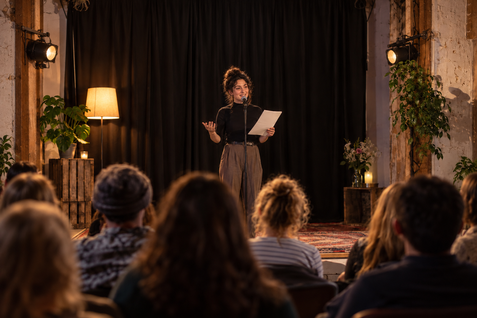A fictional person performs on a small stage with a microphone and a sheet of paper in front of a seated audience