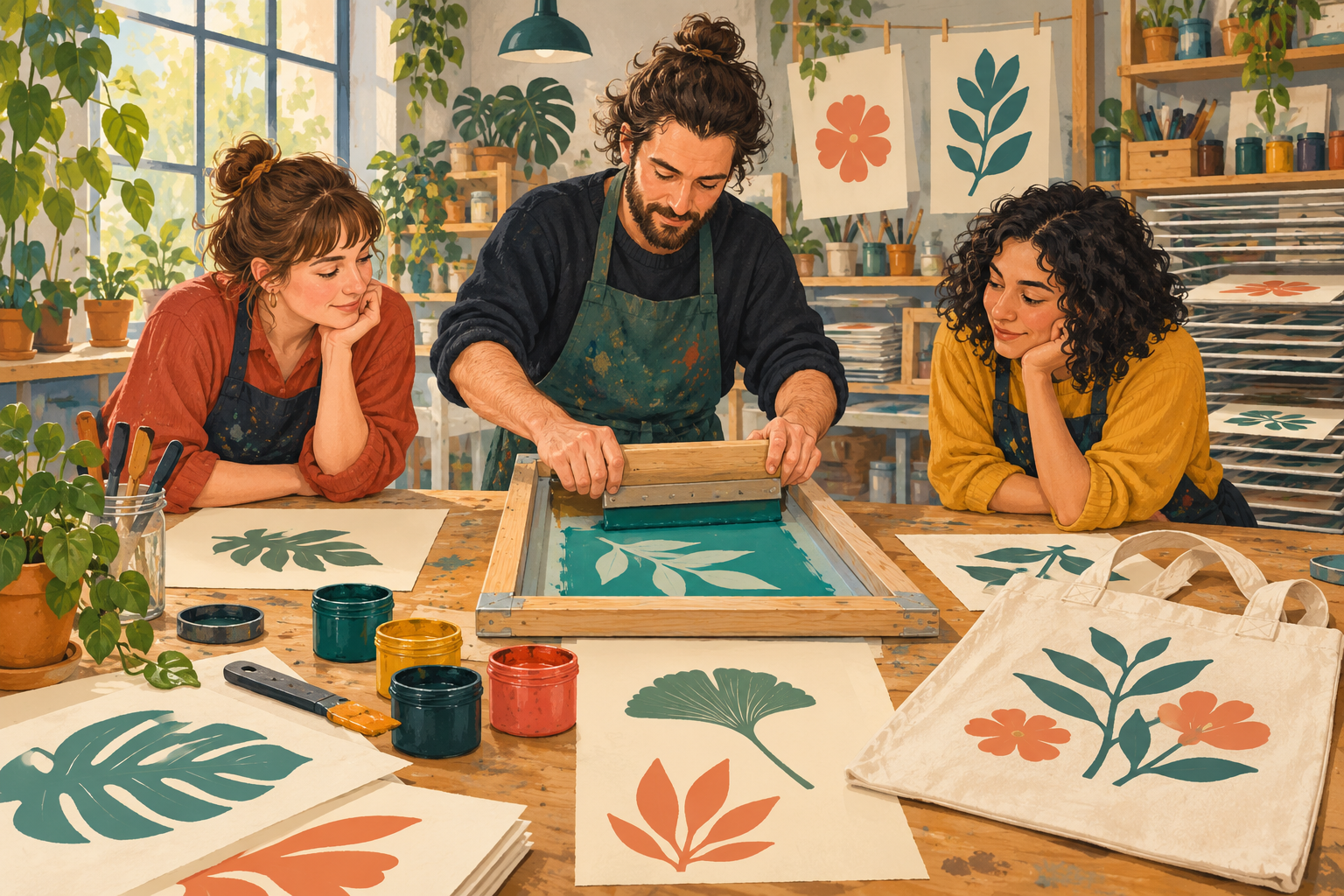 Drei Erwachsene mit Siebdruckrahmen, Rakel und botanischen Probedrucken in einer fiktiven Werkstatt