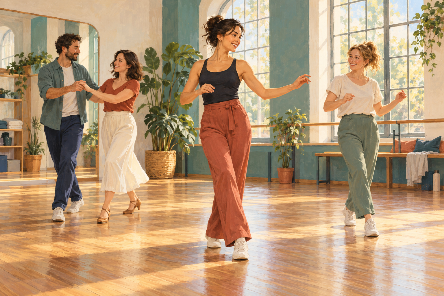 Adults practise their first dance movements with an instructor in a fictional bright dance studio