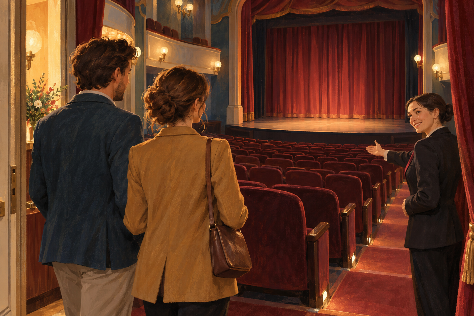 Two adults entering a fictional theatre with red seats, welcomed by an usher