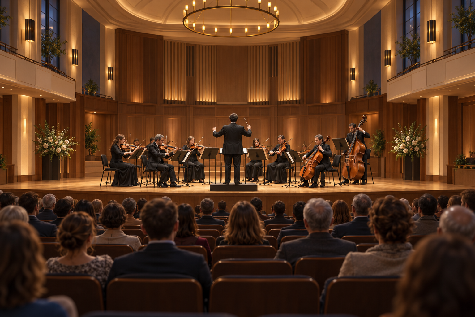A fictional string ensemble and conductor on a warmly lit stage in front of a seated audience