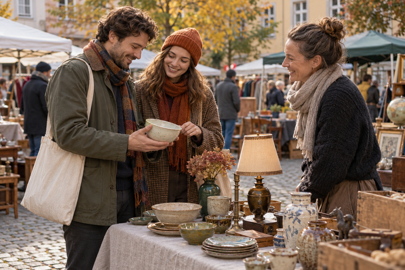 Fiktive Besucher betrachten eine Keramikschale an einem Flohmarktstand mit einer Verkäuferin, einer Tischlampe und einer Stofftasche