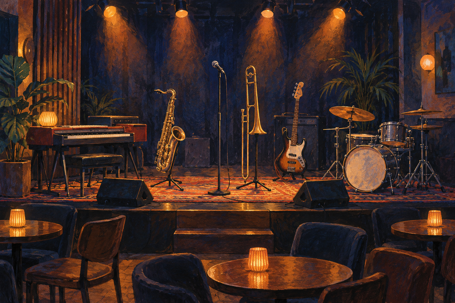 KI-generierte Illustration einer fiktiven leeren Clubbühne mit Mikrofon, Saxophon, Posaune, Bass, Tasteninstrument und Schlagzeug