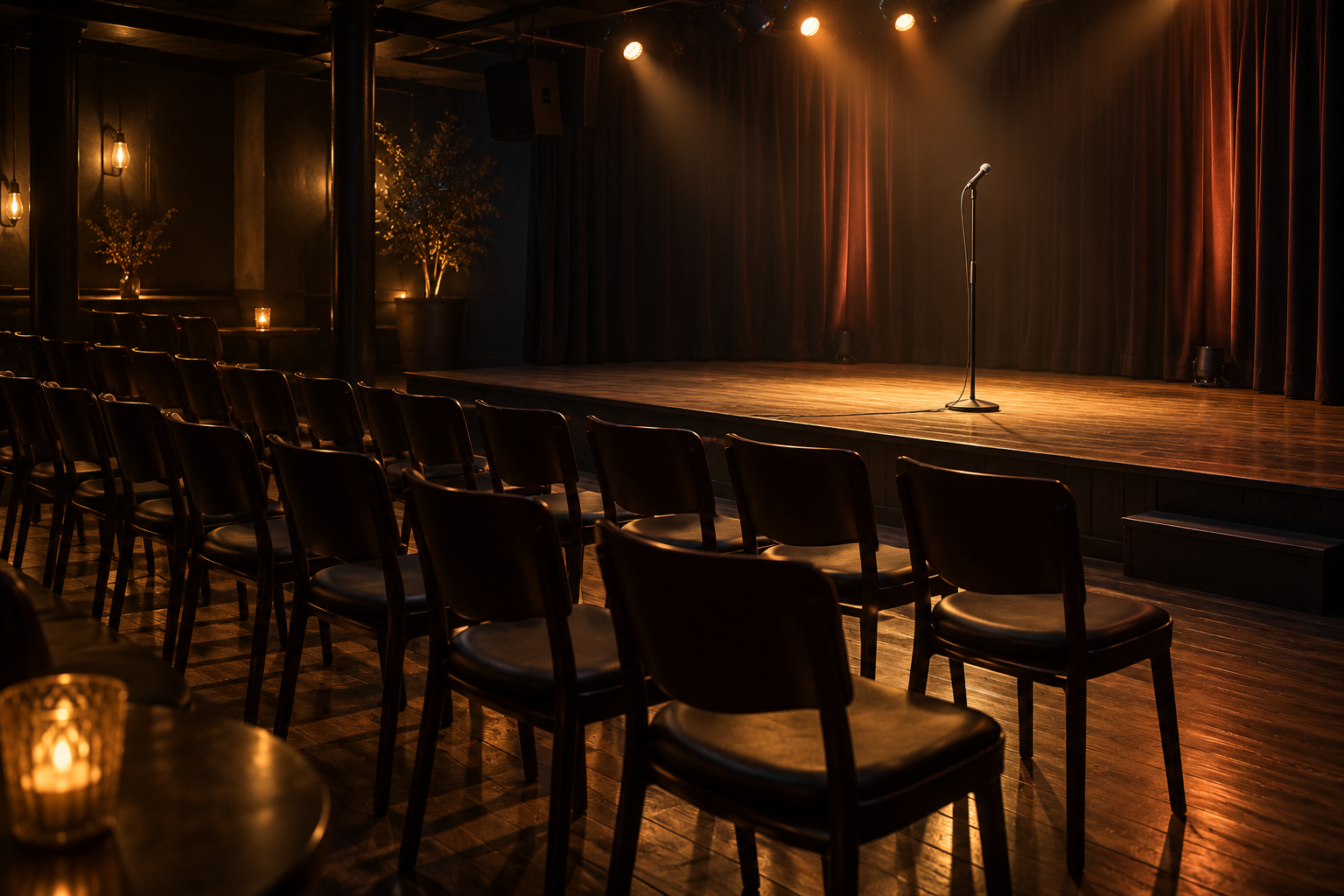 An empty fictional club stage with a microphone in front of unoccupied rows of chairs