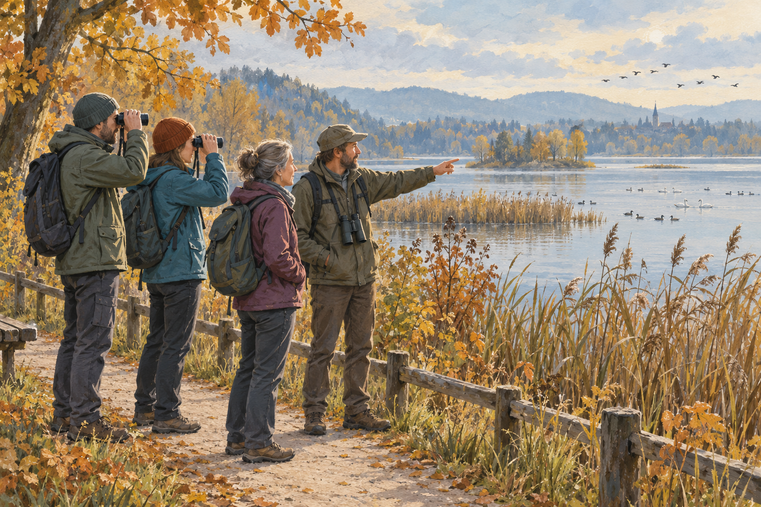 Vier Erwachsene beobachten auf einem Weg an einem fiktiven herbstlichen See mit Ferngläsern entfernte Vögel