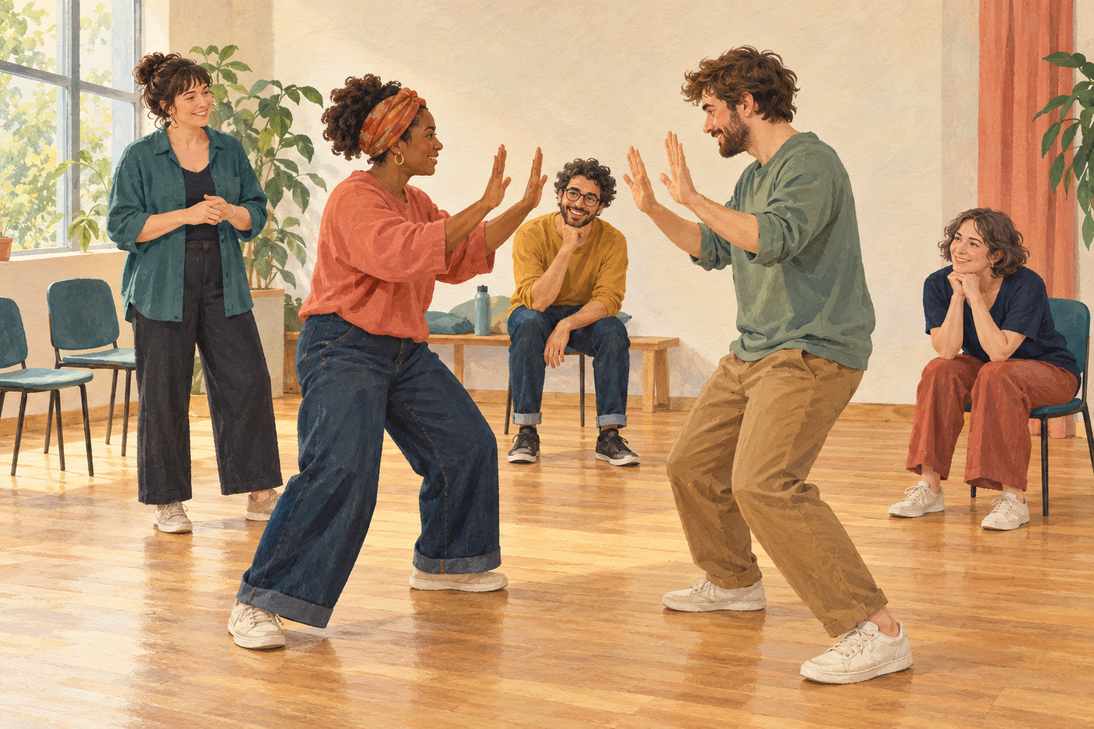 Adults trying a shared improv theatre exercise in a fictional rehearsal room