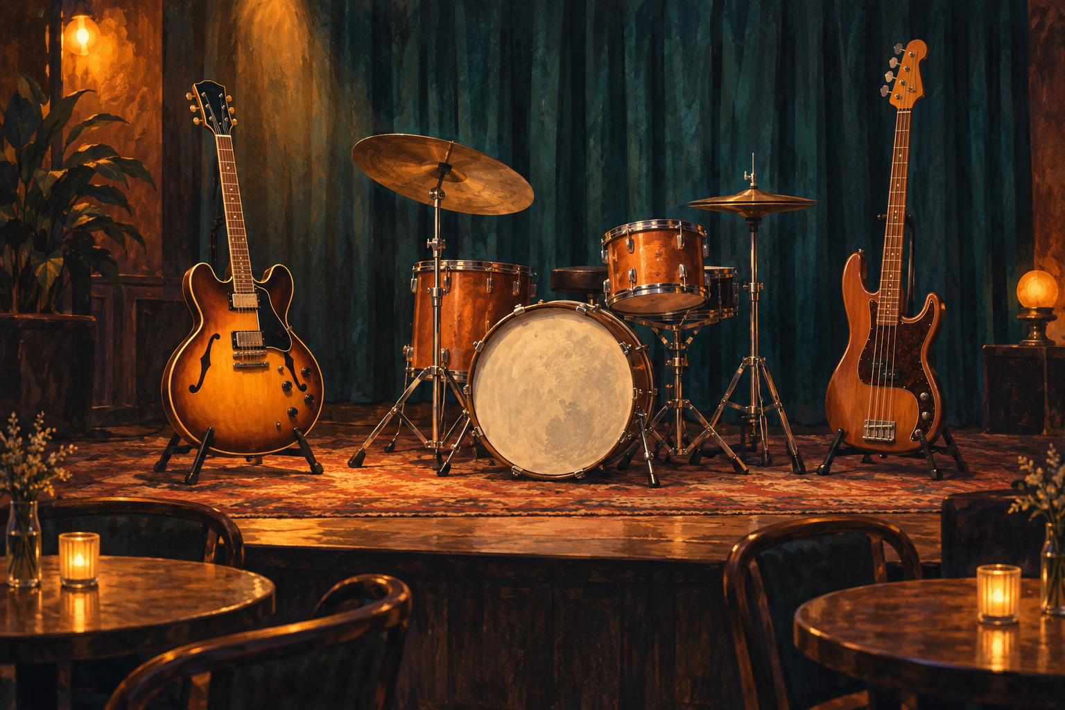 Unbeschriftete Gitarre, Bass und Schlagzeug auf einer leeren fiktiven Clubbühne als symbolische KI-Illustration