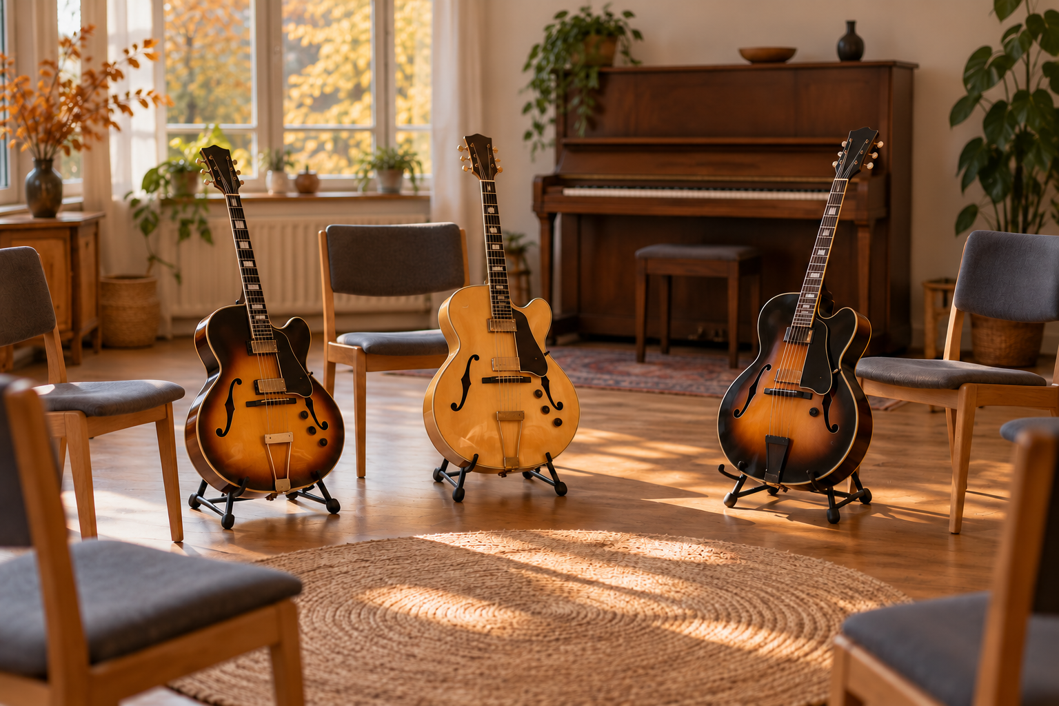 Guitars on stands beside empty chairs in a fictional music classroom