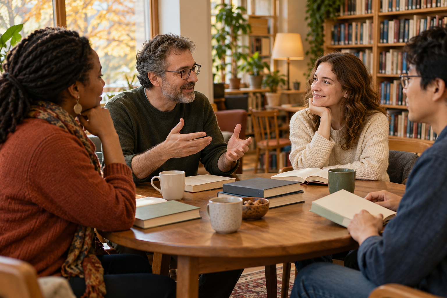 Four adults discussing books with unmarked covers in a fictional library meeting room