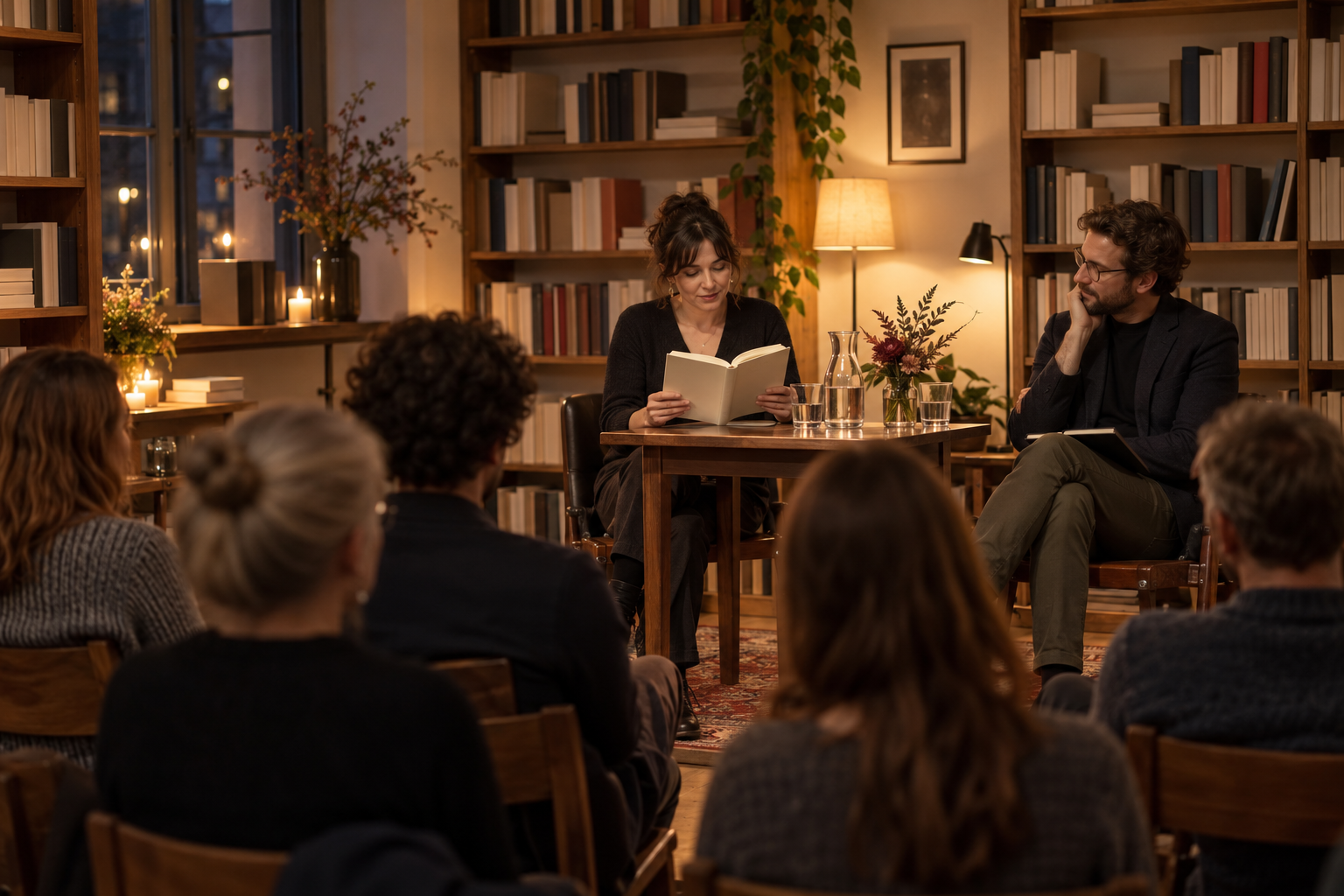 A fictional author reading beside a moderator to a small audience in a literary venue