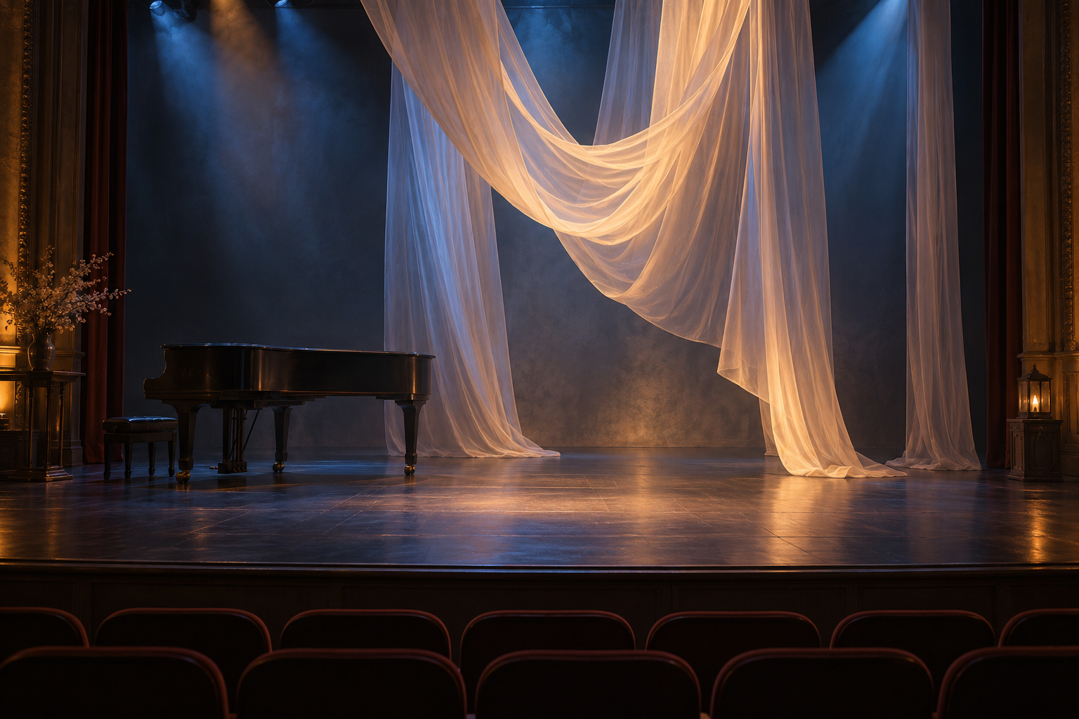A fictional empty stage with a closed grand piano and illuminated pale fabric