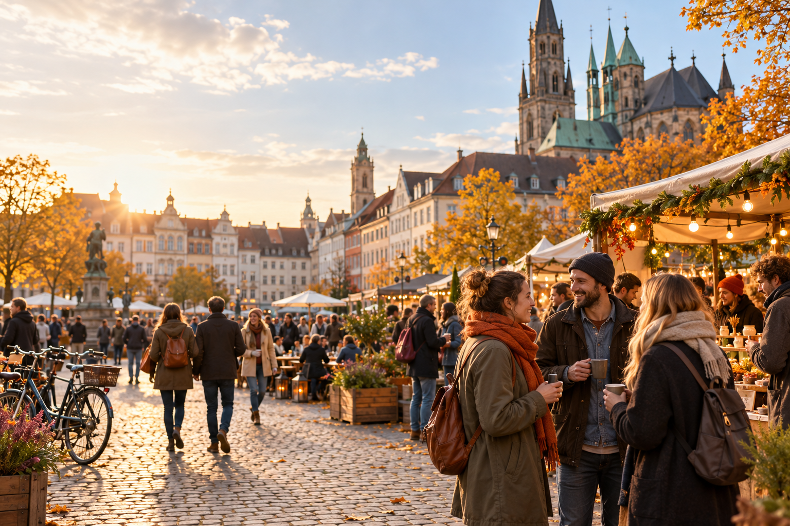 Menschen entdecken einen lokalen Markt und eine Kulturveranstaltung auf einem Stadtplatz