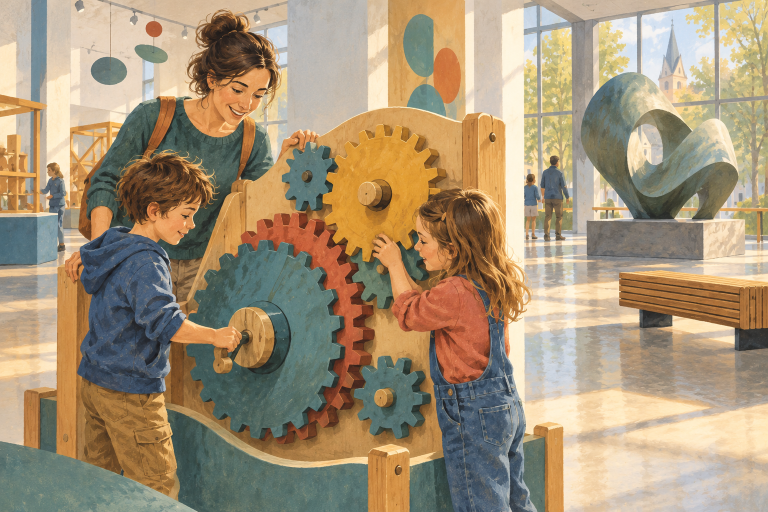 Eine Mutter und zwei Kinder entdecken ein Zahnradmodell in einem fiktiven Museum