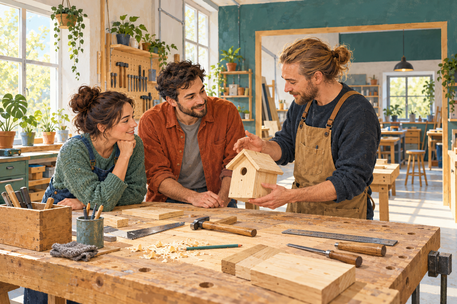 Zwei Gäste und eine Betreuungsperson besprechen ein kleines Holzprojekt in einer fiktiven offenen Werkstatt