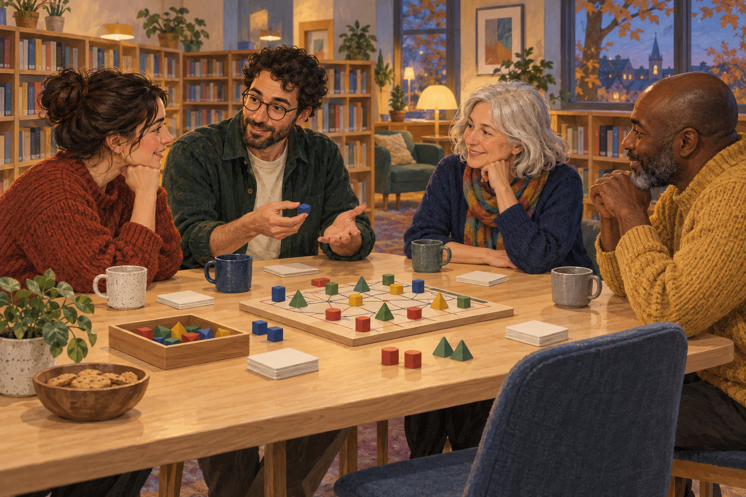 Vier fiktive Erwachsene lernen gemeinsam ein abstraktes Brettspiel in einem freundlichen Bibliotheksraum kennen