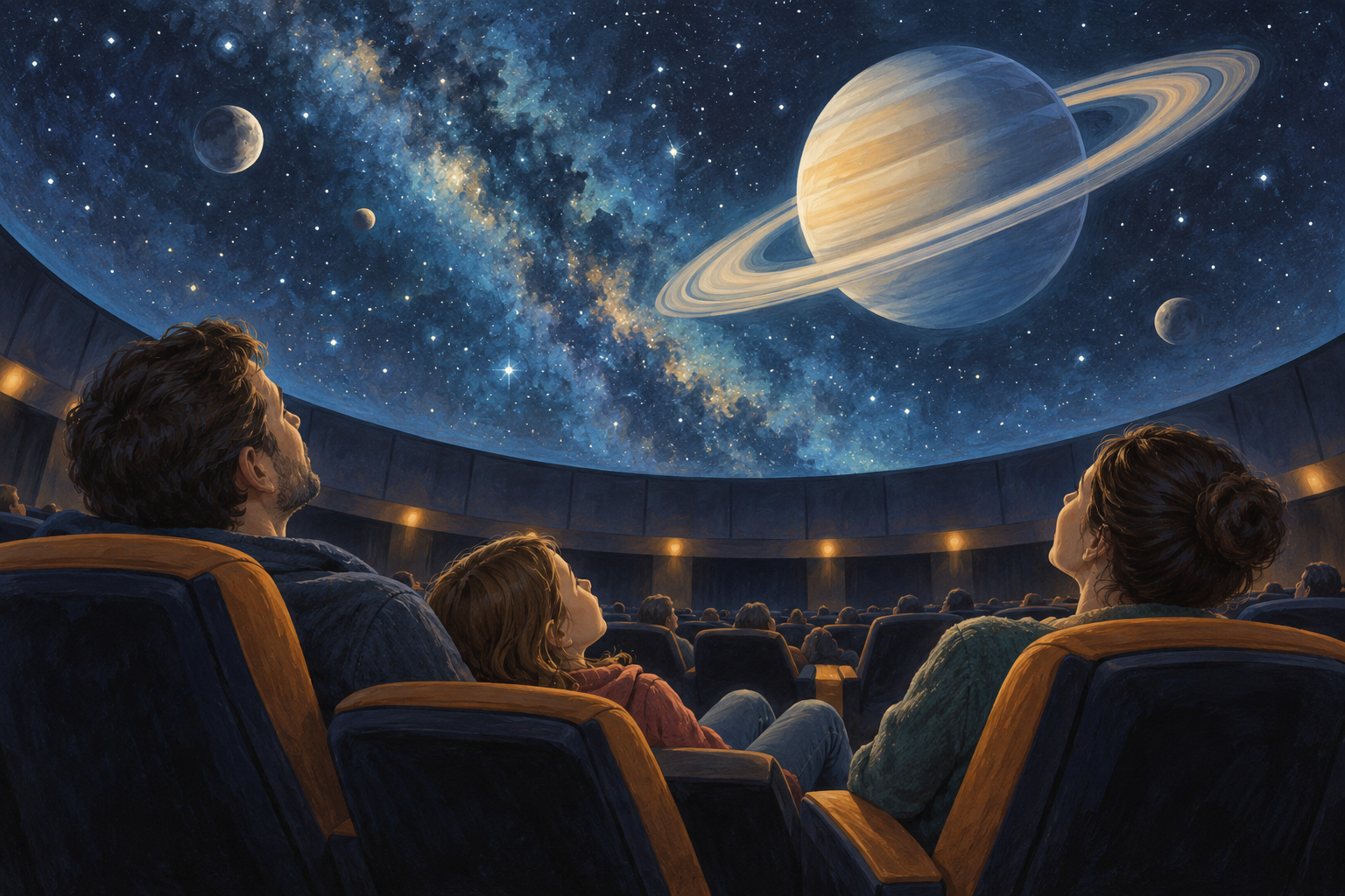 Two adults and a child watching a star projection beneath the closed dome of a fictional planetarium