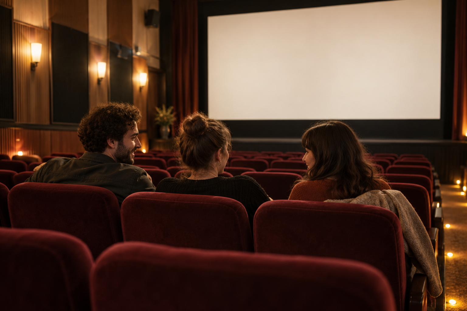 Drei Erwachsene sitzen vor einer leeren Leinwand in einem fiktiven kleinen Kino