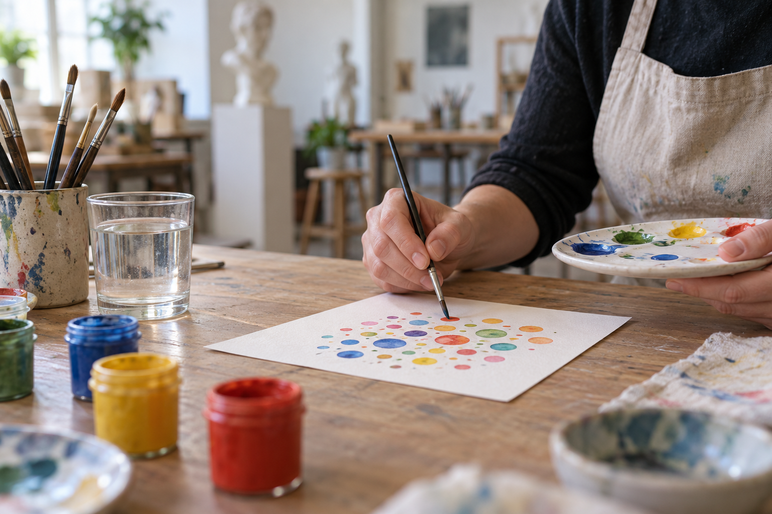 Hands painting coloured dots on paper at a fictional art workshop table