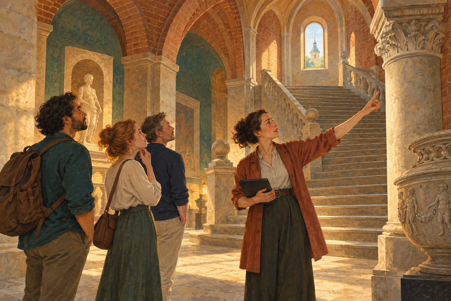 A small group with a guide in a fictional historic building with a vaulted interior and stairs