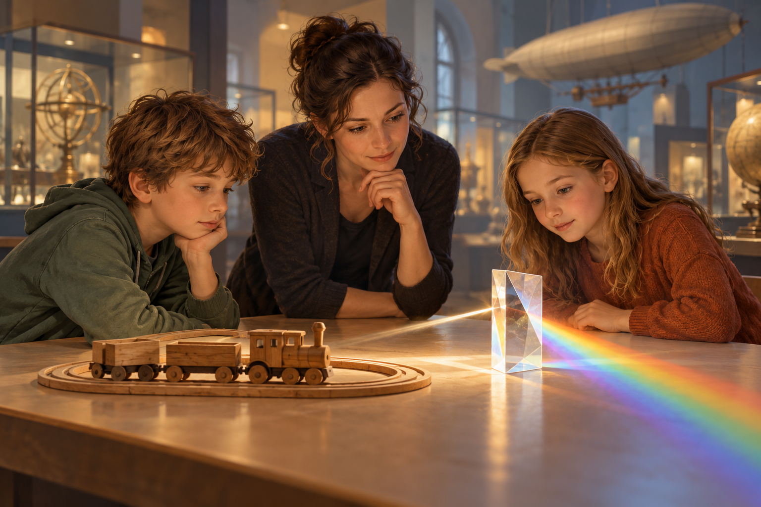 Fictional museum scene with two children, an educator, a model railway and a prism