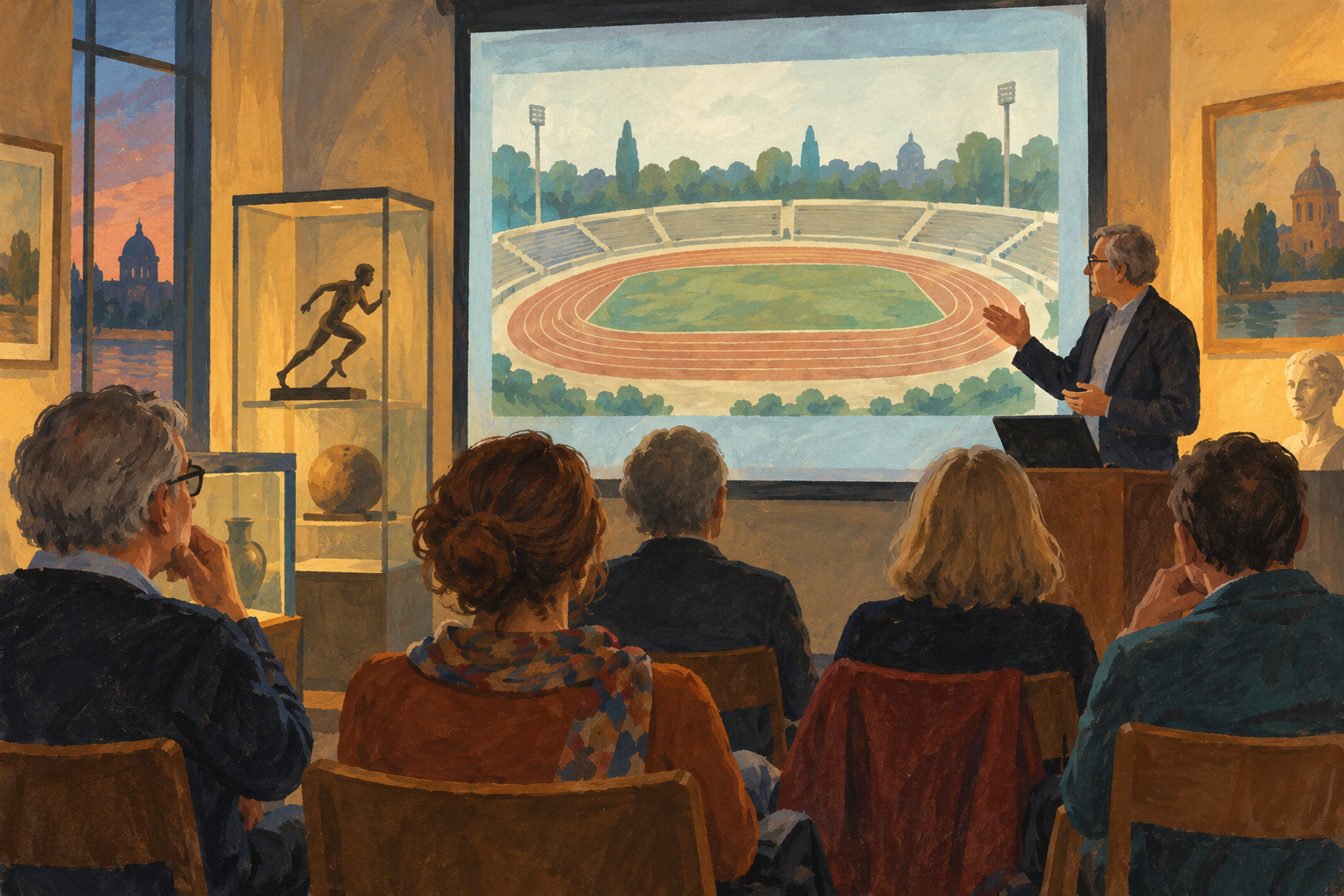 Fictional museum lecture room with an audience and an abstract stadium drawing on a screen