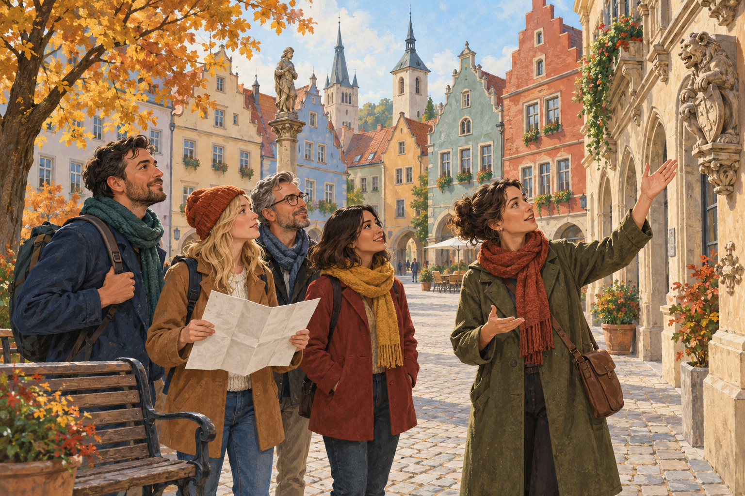 A guide explaining an architectural detail to four adults in a fictional historic town square in autumn