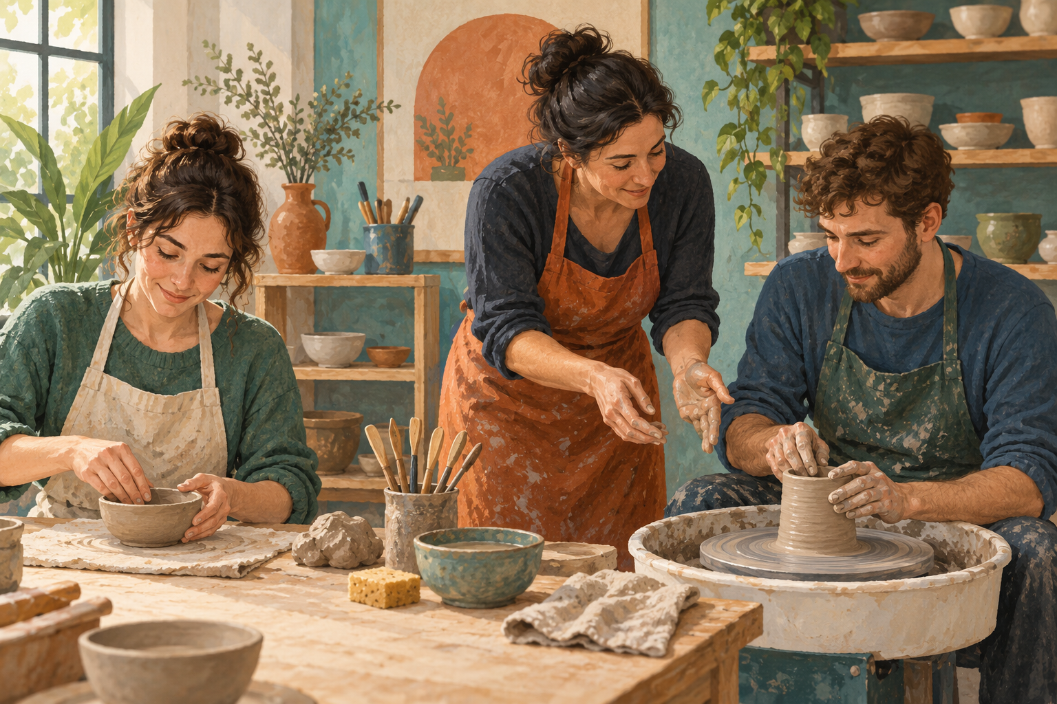 Two adults shaping clay by hand and on a pottery wheel with an instructor in a fictional ceramics workshop