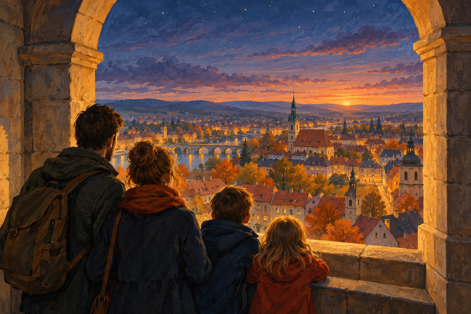 Symbolische Aussicht von einem historischen Turm über eine fiktive Stadt in der Abenddämmerung