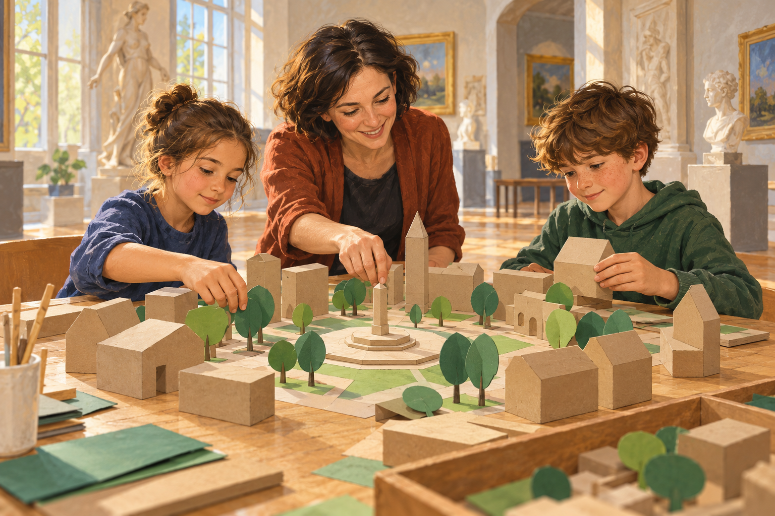 Kinder und eine erwachsene Begleitperson gestalten an einem Tisch ein fiktives Stadtmodell